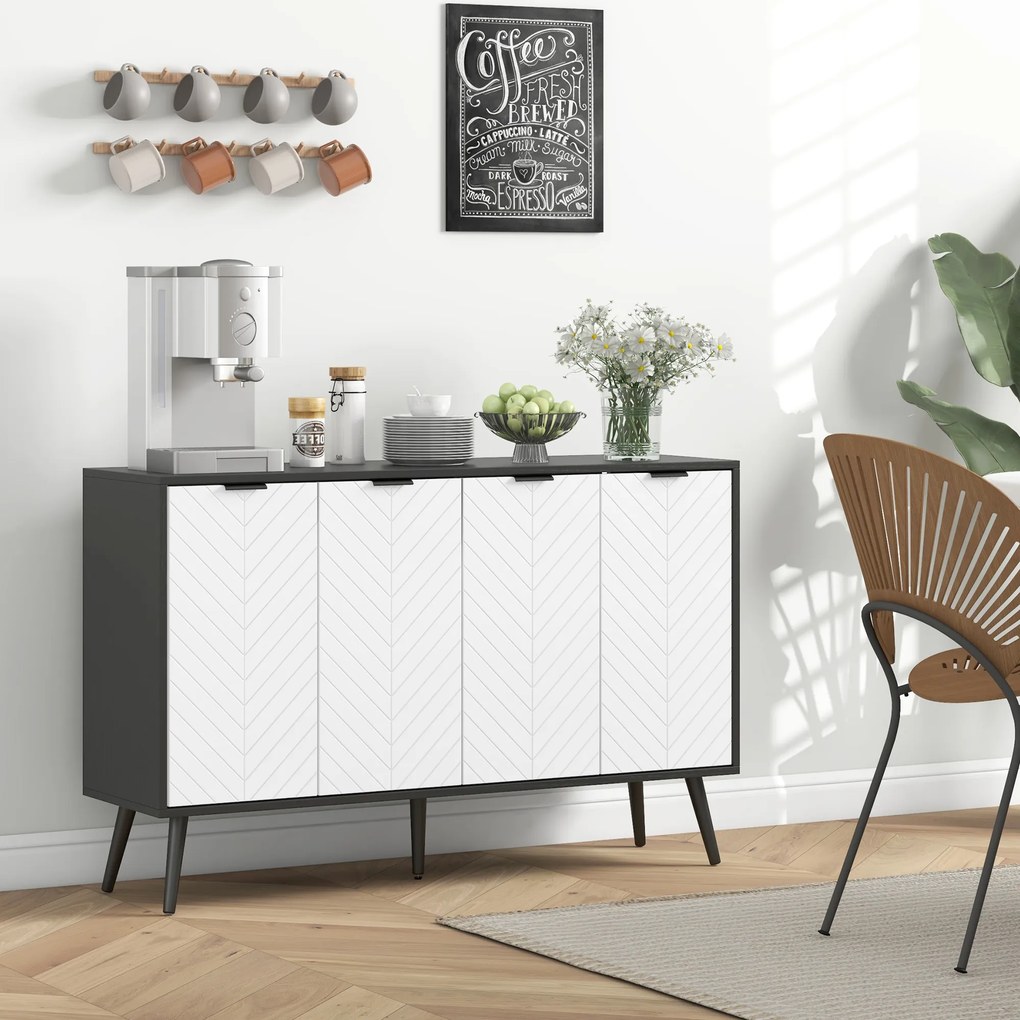 Aparador de 4 Portas, Aparador de Sala com Prateleiras Ajustáveis e Pés de Madeira para Cozinha Branco e Preto 120x35x77,4 cm