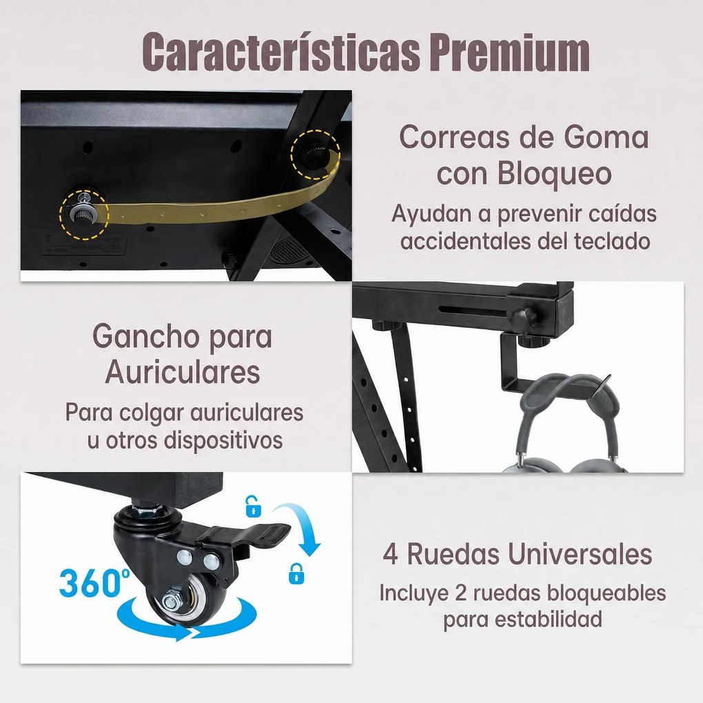 Suporte para Teclado (TECLADO NÃO INCLUIDO), 59,5-90,5 x 51,5 x 62-94 cm, Ajustável em Altura, Preto