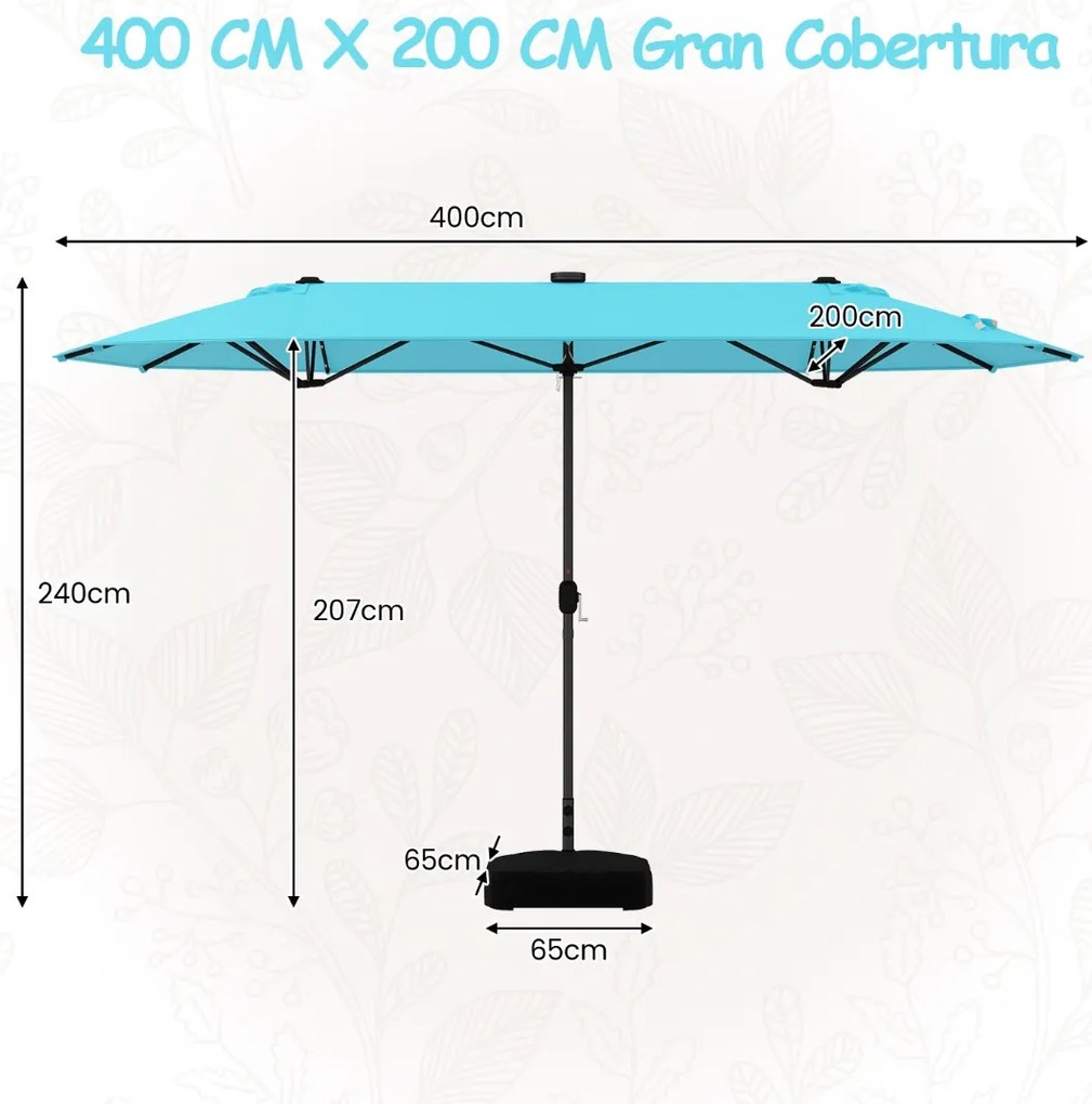 Guarda-sol jardim Duplo 4 x 2 m com Luzes Solares com base e Manivela Turquesa