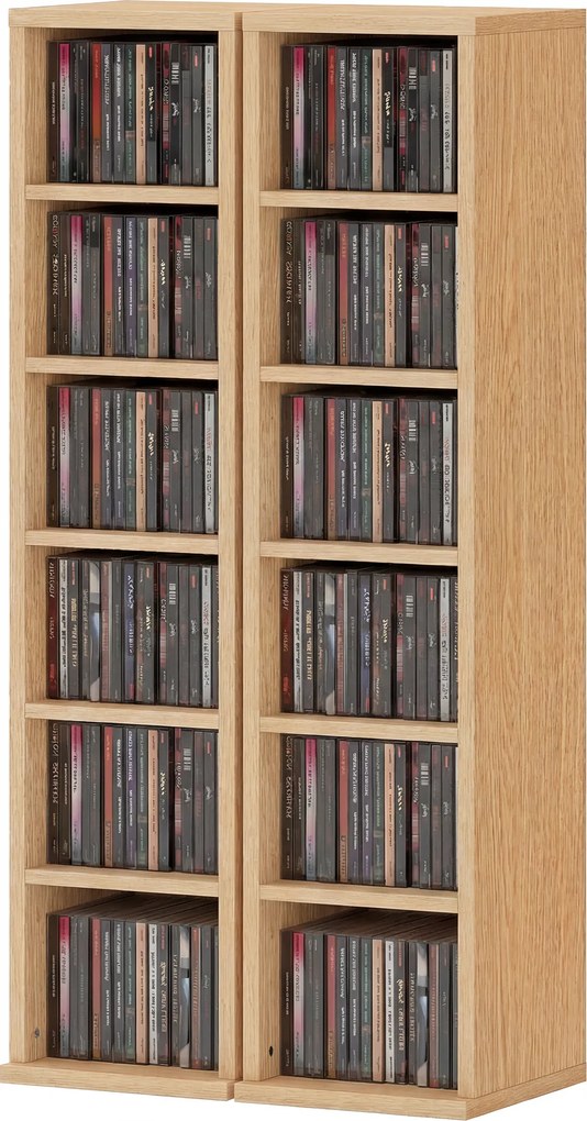 Conjunto de 2 prateleiras verticais para arrumação de CDs e DVDs, com 12 compartimentos, 21 x 22,5 x 88,5 cm, capacidade para 204 CDs, em madeira natu