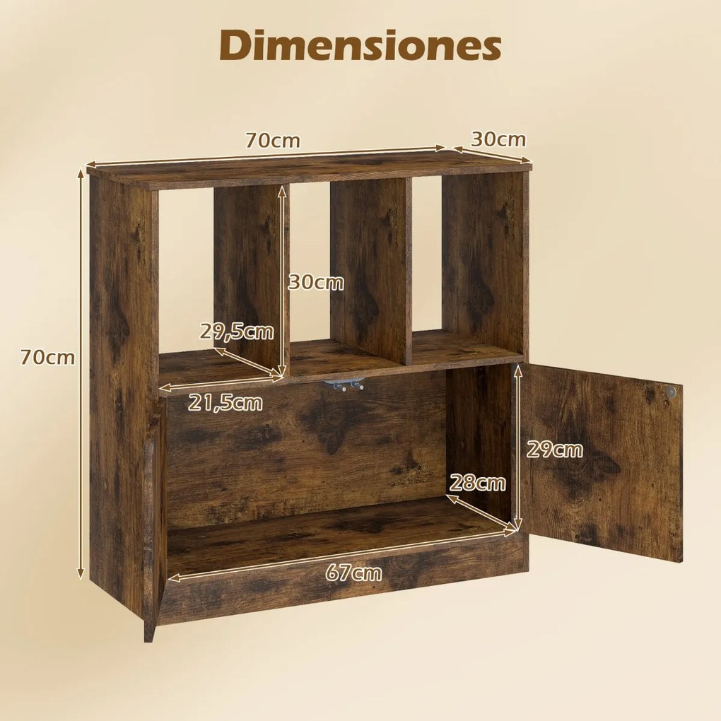 Estante de 3 cubos 70 x 30 x 70 cm com portas de 3 níveis com compartimentos abertos e armário organizador de armazenamento Castanho