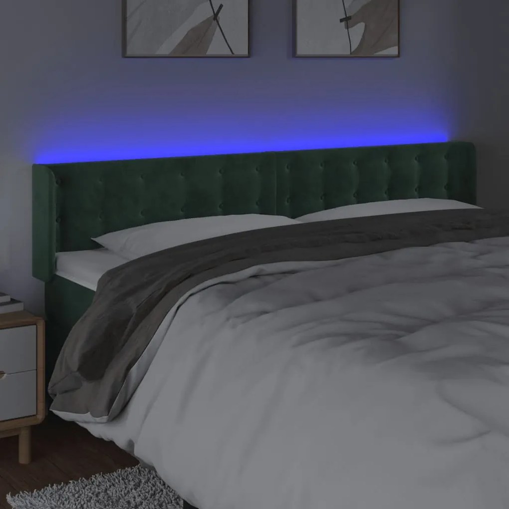 Cabeceira cama c/ luzes LED veludo 203x16x78/88 cm verde-escuro