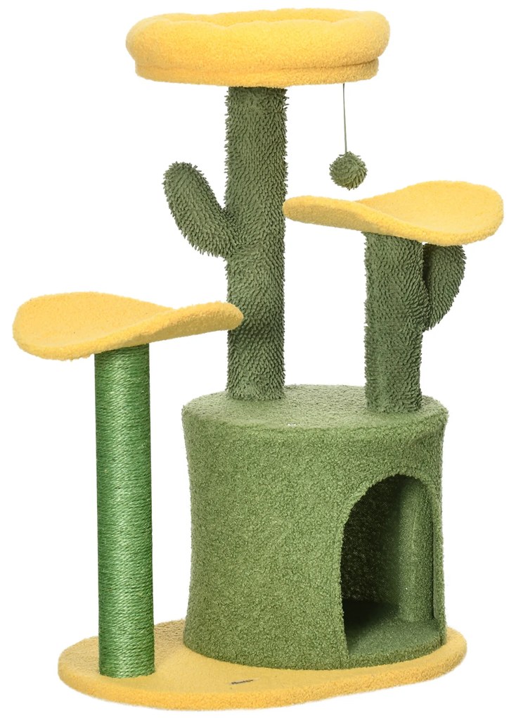 PawHut Árvore Arranhador para Gatos em Forma de Cacto com Casa de Pelúcia Plataformas Postes de Sisal 54x39x83cm Amarelo Verde