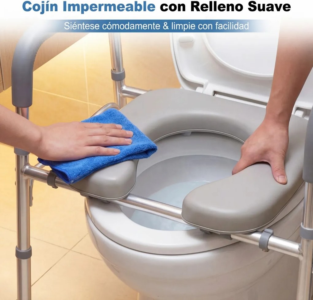 Assento elevatório para sanita para idosos e grávidas, com altura e largura ajustáveis, apoios de braços almofadados e bolso, estrutura em alumínio Pr