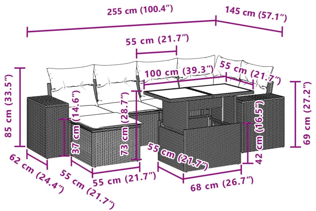 7 pcs conjunto de sofás p/ jardim com almofadões vime PE bege