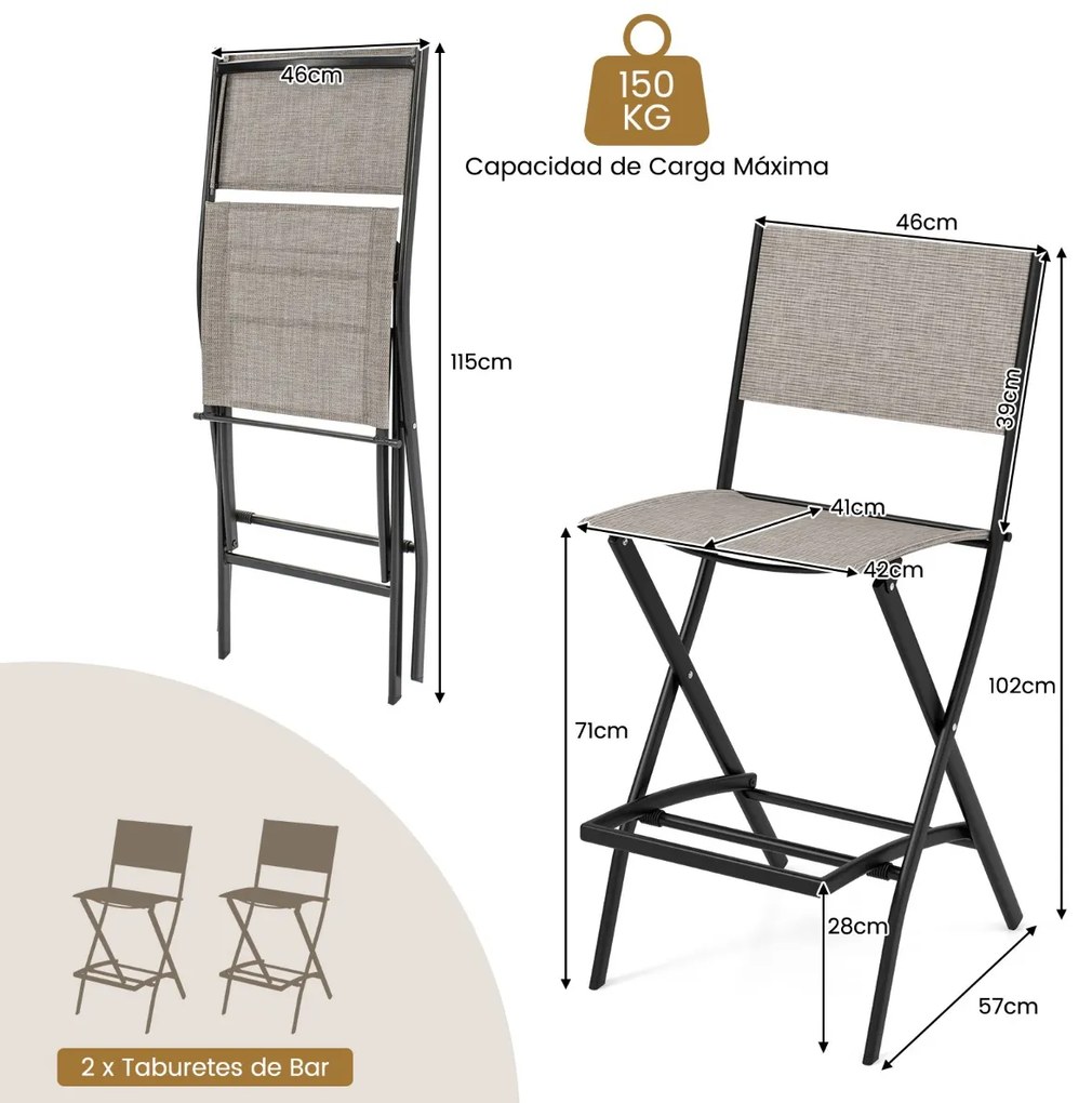 Conjunto de 2 cadeiras jardim altas dobráveis com estrutura metálica e apoio para os pés para varanda, jardim e piscina Capacidade de carga de 150 kg
