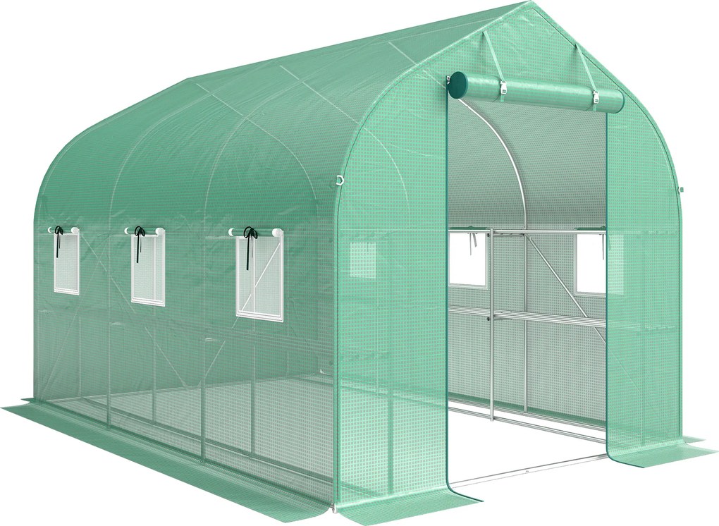 Outsunny Estufa túnel de jardim 6m², estufa de jardim com prateleiras, porta e 6 janelas, estrutura em aço galvanizado, verde | Aosom Portugal