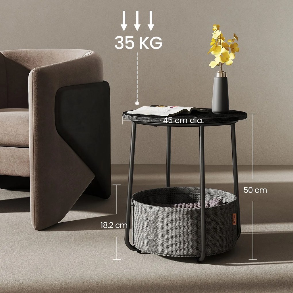 Mesa auxiliar redonda com cesto em tecido 45 x 50 cm preto ébano + cinza ardósia