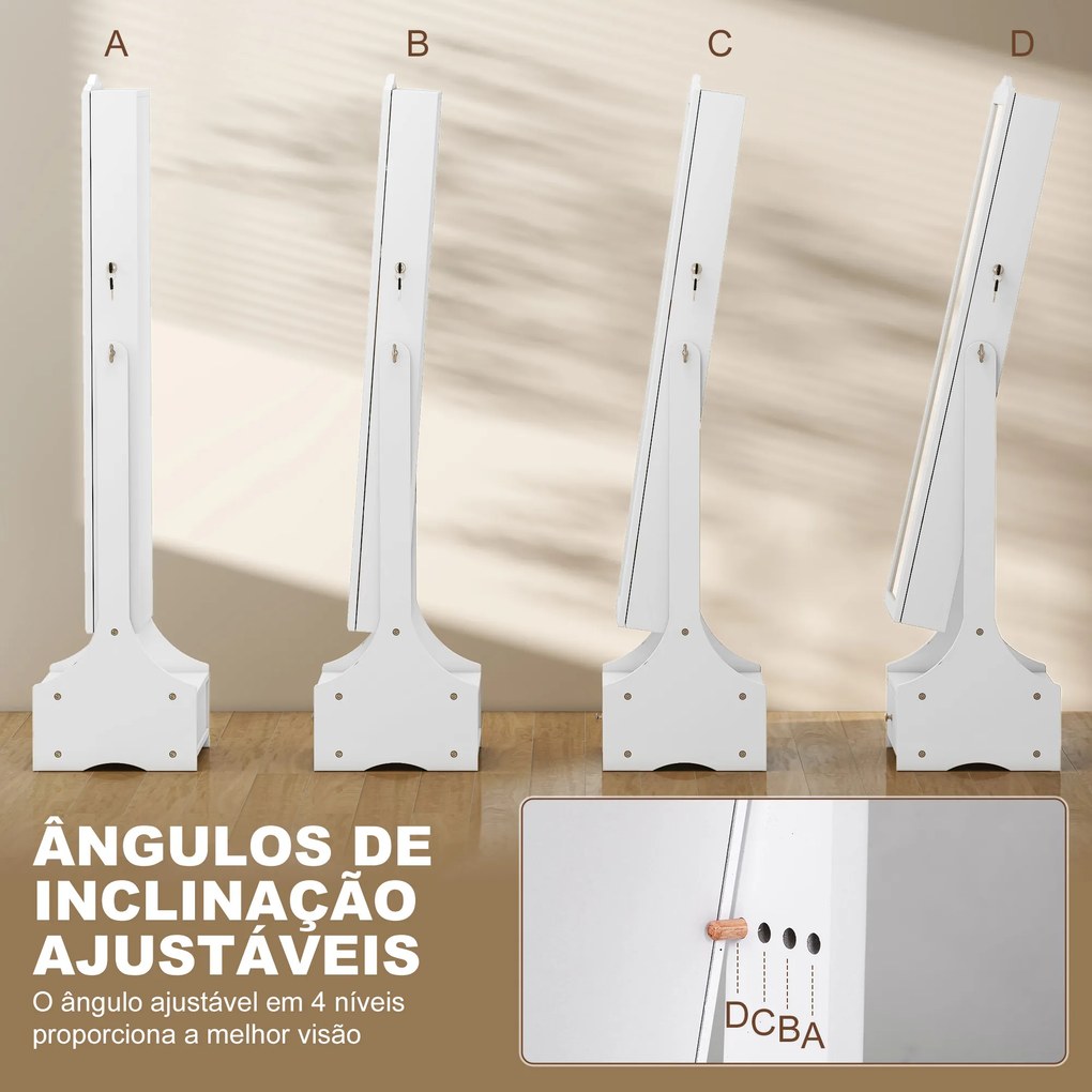 Espelho de Joias com Luzes LED Armário para Joias com Espelho de Ângulo Ajustável Gavetas Mesa Interior Dobrável Branco