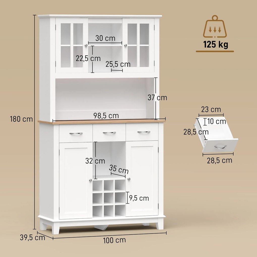 Armário de Cozinha com Iluminação LED Controlo por APP Suporte para Garrafas Portas de Vidro e 3 Gavetas 100x39,5x180 cm Branco