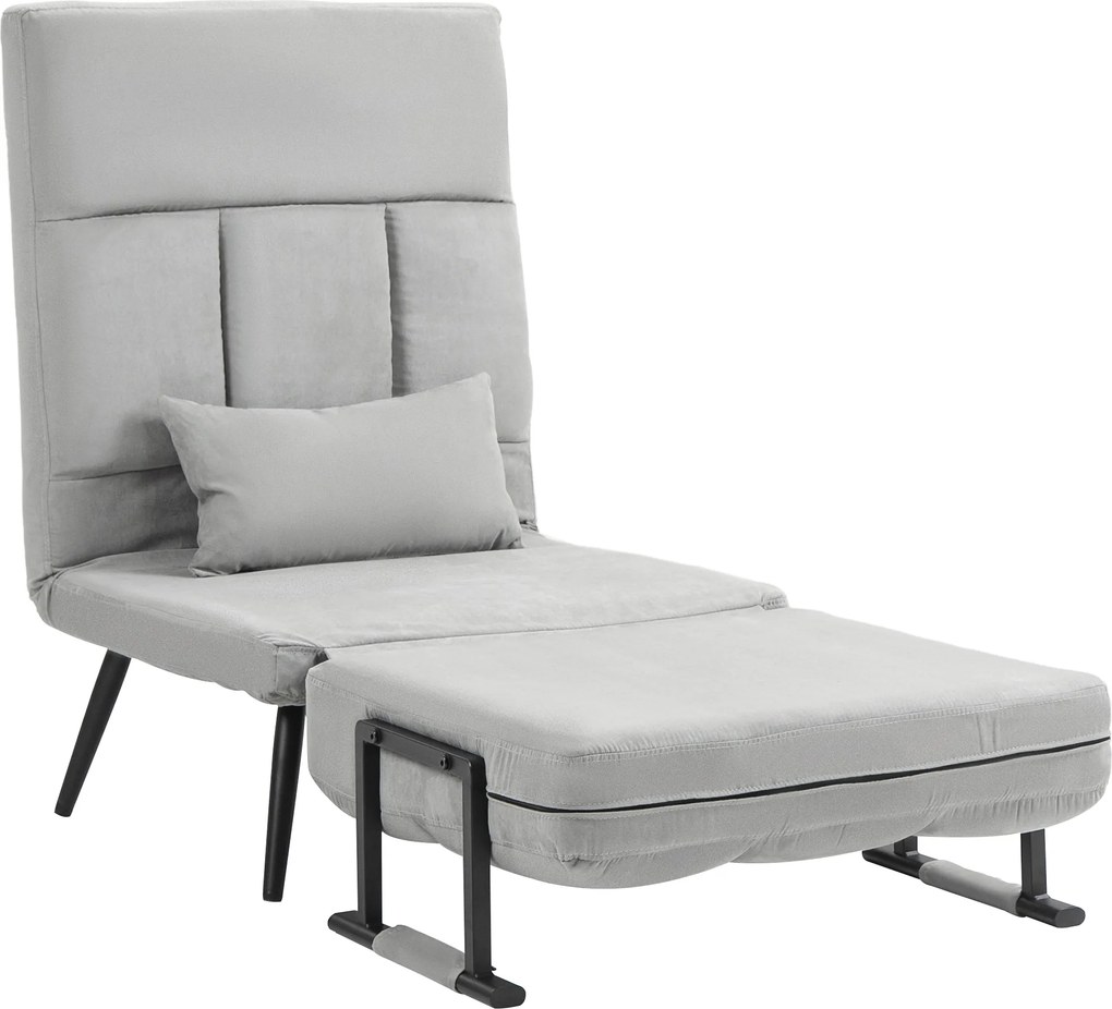 Poltrona convertível 3 em 1 em cama individual com encosto reclinável em 5 posições, braços e almofada, tecido com efeito de veludo, cinzento