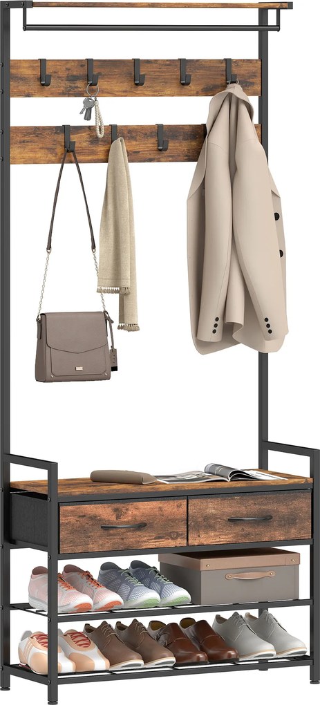 Móvel de Entrada Porta-Casacos e Sapatos, 80 x 30 x 181,5 cm, Organização 5 em 1, Castanho Rústico