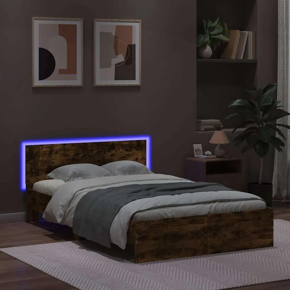 Estrutura cama c/ cabeceira/luzes LED 120x190cm carvalho fumado