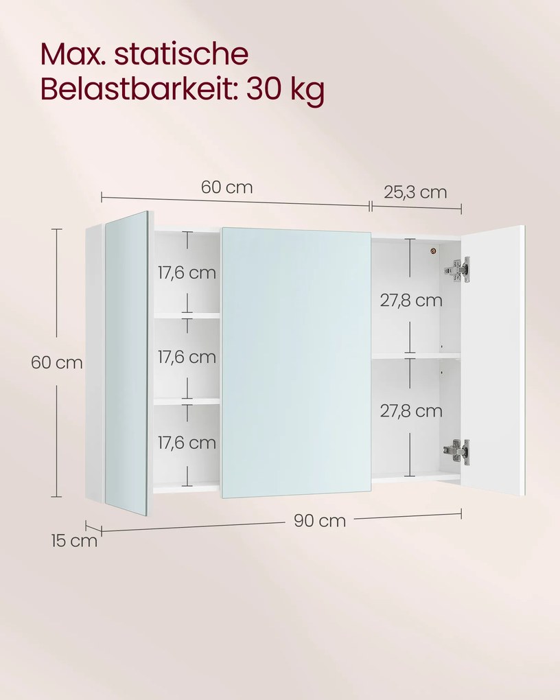 Armário de parede casa de banho com espelho e prateleira regulável, 15 x 90 x 60 cm branco