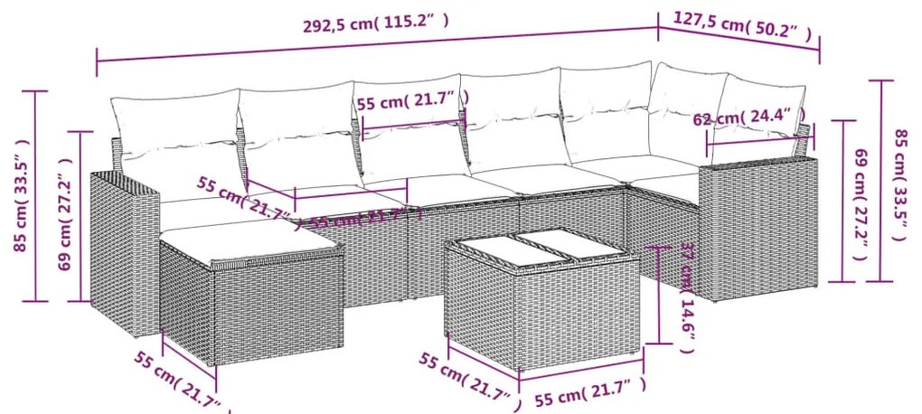 8 pcs conjunto sofás de jardim com almofadões vime PE preto