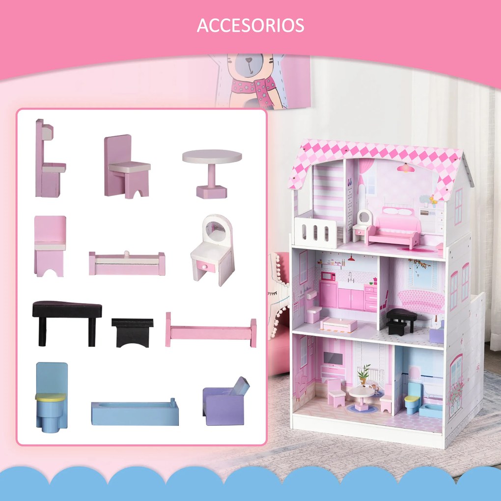 HOMCOM 2 em 1 binquedo de cozinha Casa de bonecas 3 andares com 12 acessórios incluidos para crianças acima de 3 anos 60x 48x 106 cm rosa