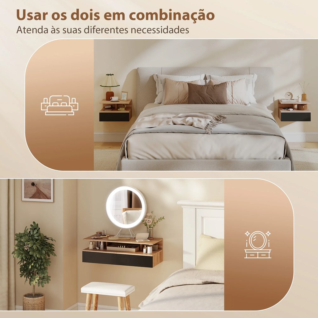 Conjunto de 2 Mesas de Cabeceira Suspensas com Gaveta Montadas na Parede 35x32x22,5 cm Carvalho e Preto