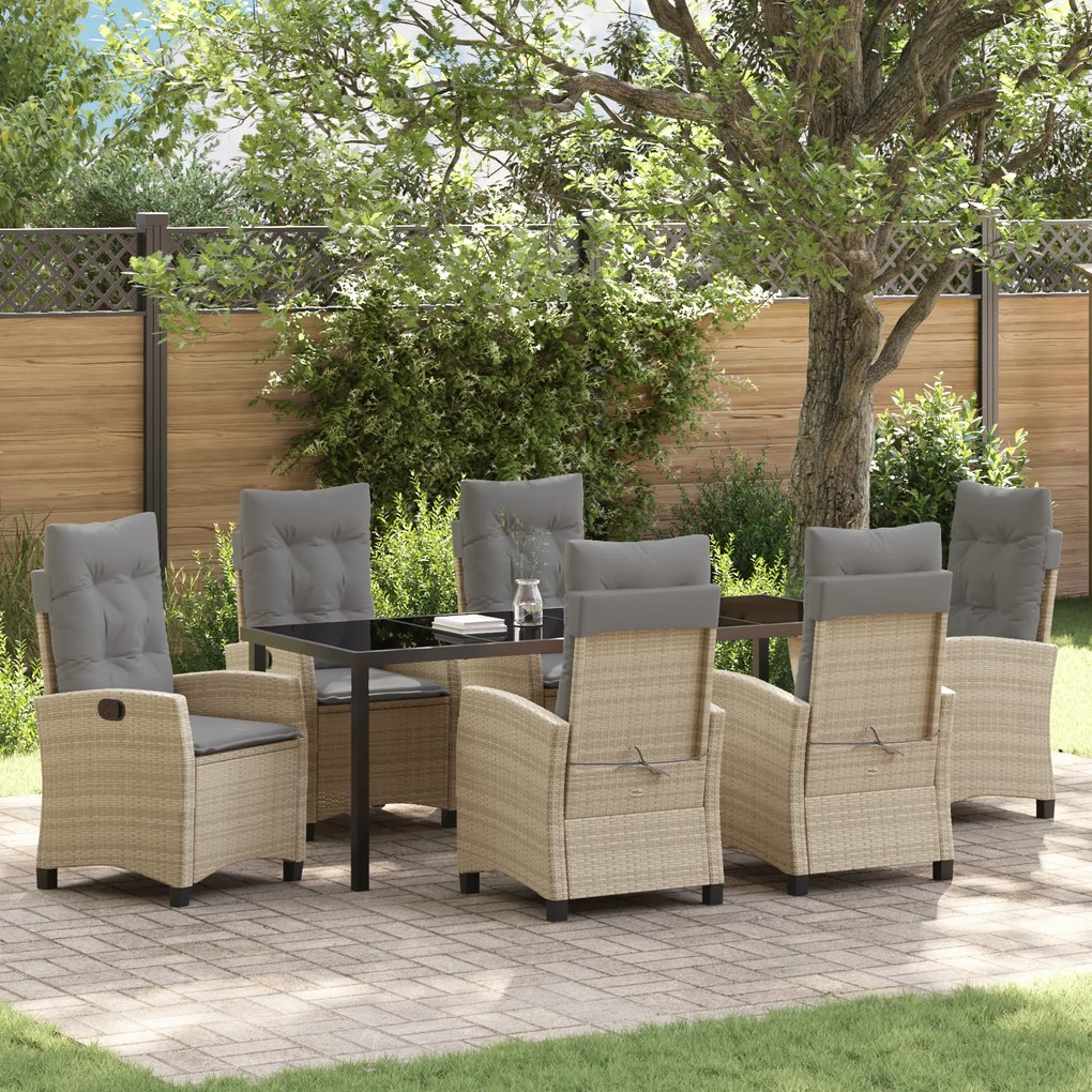 vidaXL Conjunto de Jantar de Jardim com 7 Peças e Almofadas em Rattan Poliéster Bege