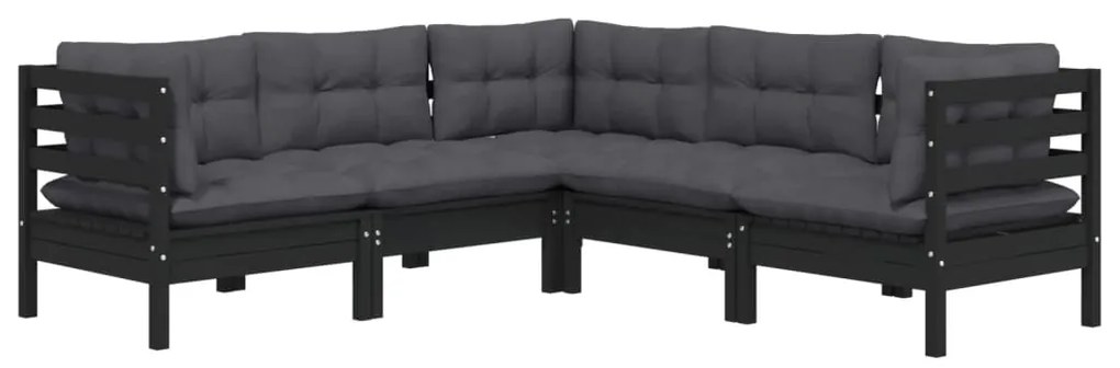 5 pcs conjunto lounge jardim c/ almofadões pinho maciço preto