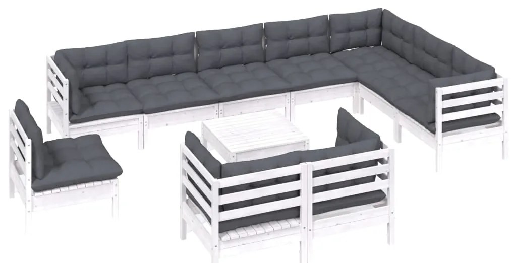 11 pcs conj. lounge de jardim c/ almofadões pinho maciço branco
