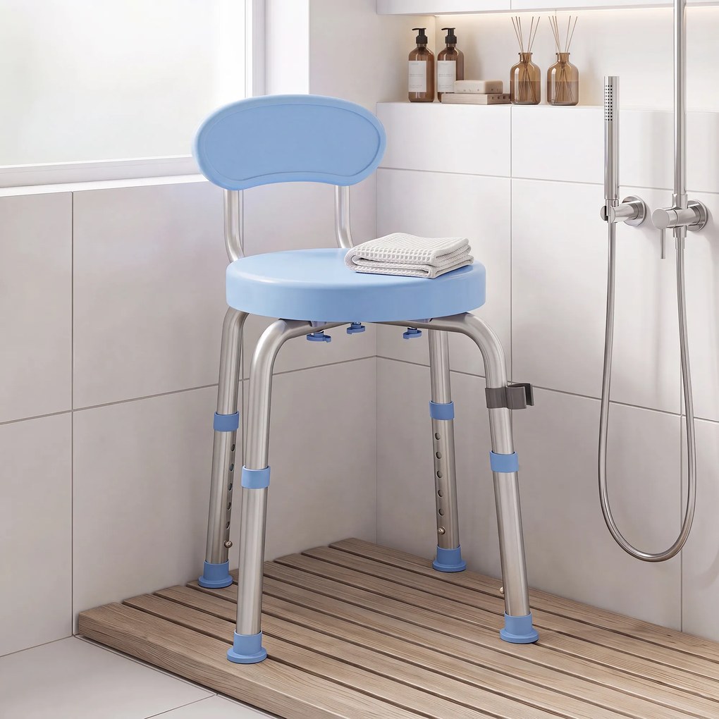 Banco de Duche Giratório, 38,5 x 37,5 x 75 cm, Altura Regulável em 5 Níveis, Azul