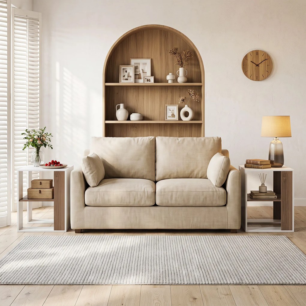 Mesa Auxiliar de 2 Níveis, 45 x 45 x 60 cm, Estante de Arrumação Aberta, Natural + Branco