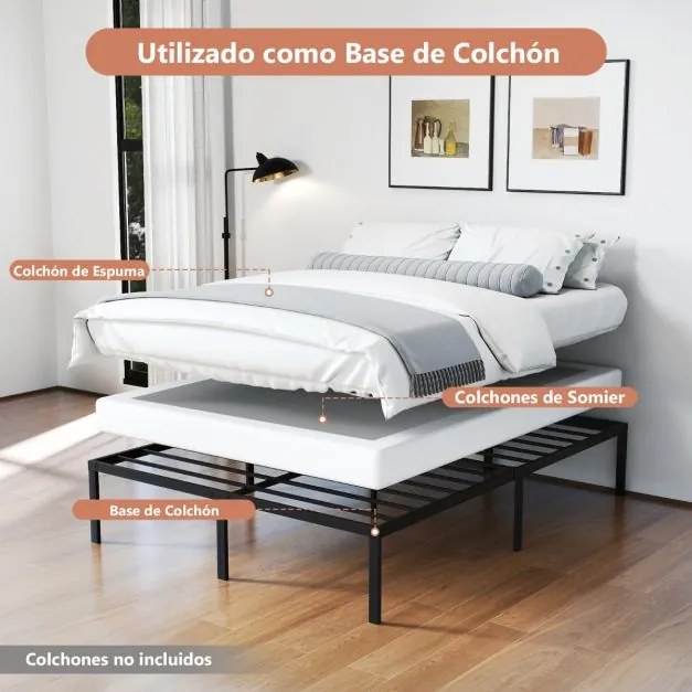 Estrutura de cama de metal simples e resistente de tamanho 201 x 151 x 36 cm com suporte de ripas de ferro e arrumação Preta