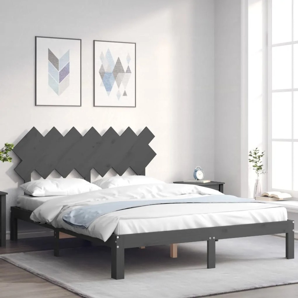 vidaXL Estrutura de cama King Size com cabeceira madeira maciça cinza