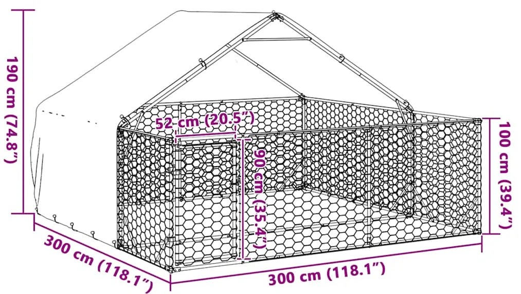 Canil exterior para cães com corredor 3x3x1,9 m aço galvanizado