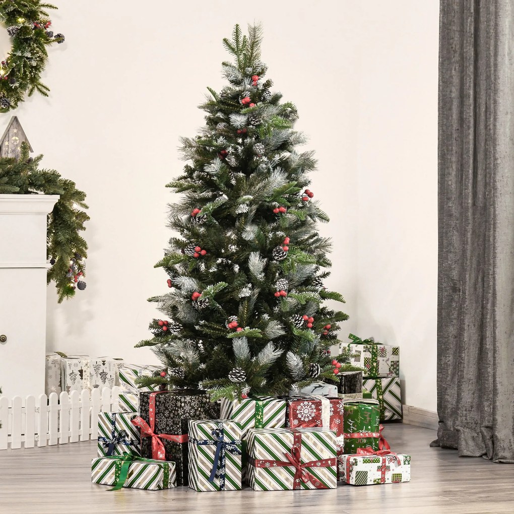 Árvore de Natal Artificial 150cm com 440 Ramas 39 Pinhas e 39 Frutinhas Folhas de PVC PE Base Dobrável e Suporte Metálico Decoração de Natal para Inte