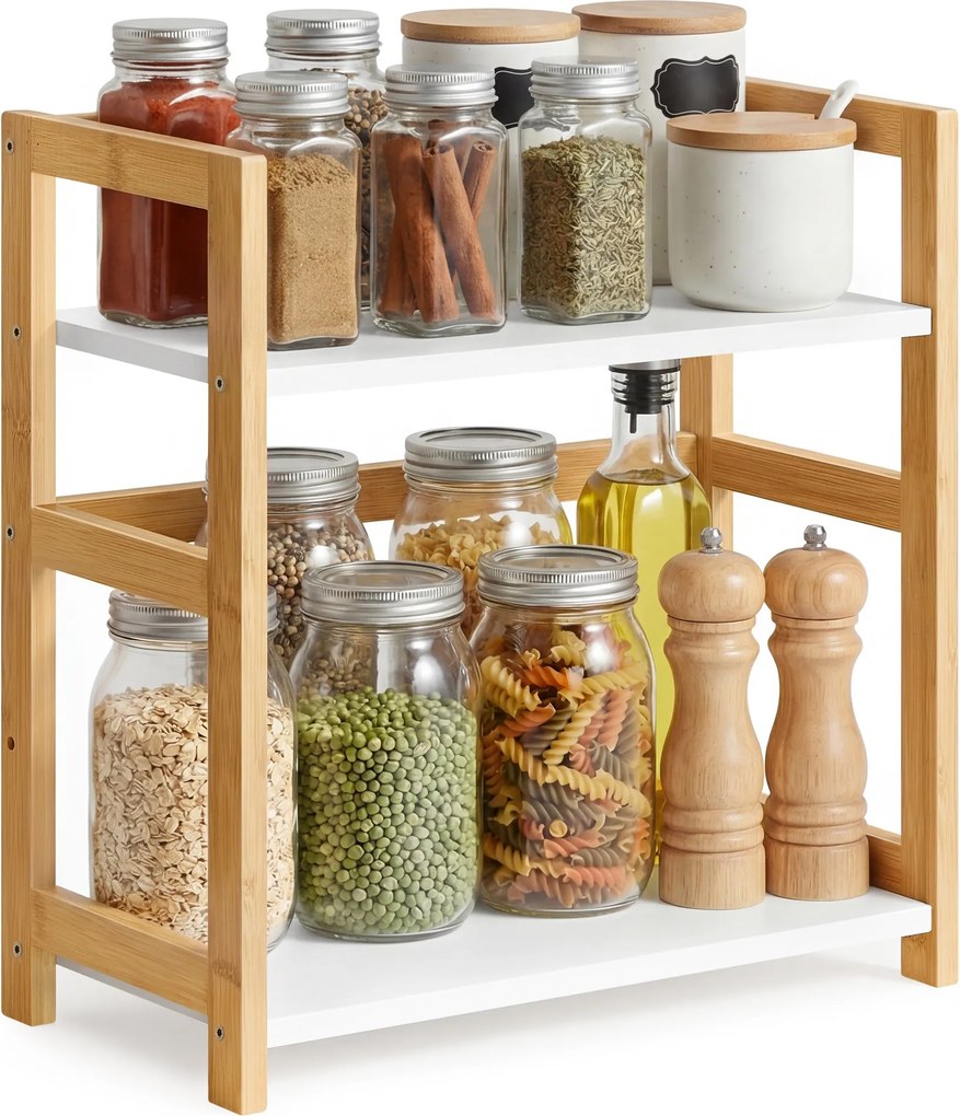 Estante para especiarias com 2 níveis 18,6 x 41 x 41 cm, em bambu bege natural e branco