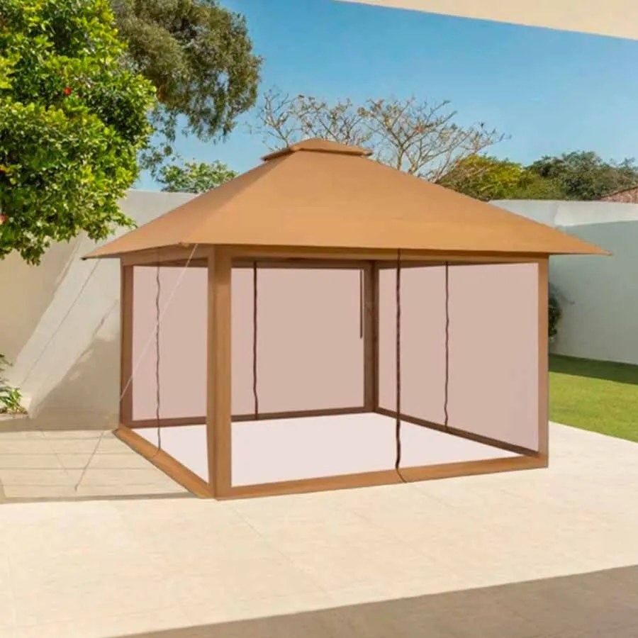 Pérgula Dobrável 320 x 320 cm com 4 laterais em rede com altura ajustável e bolsa de transporte para pátio, terraço, campismo Café