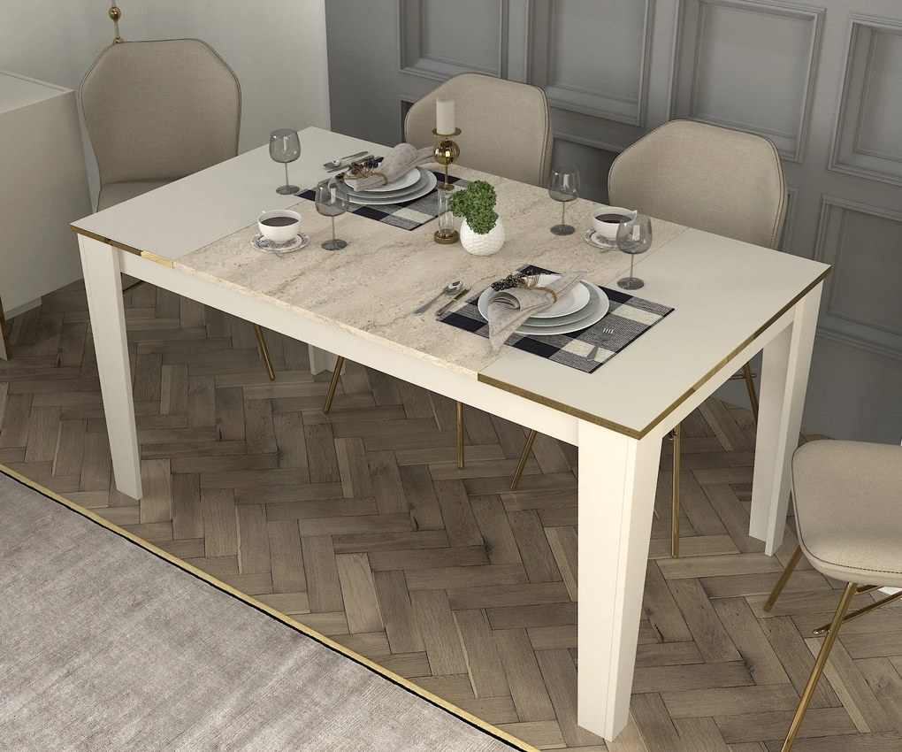 Mesa de Jantar "Veyron" – 145x85x76.2 cm – Branco, Travertino, Arenito