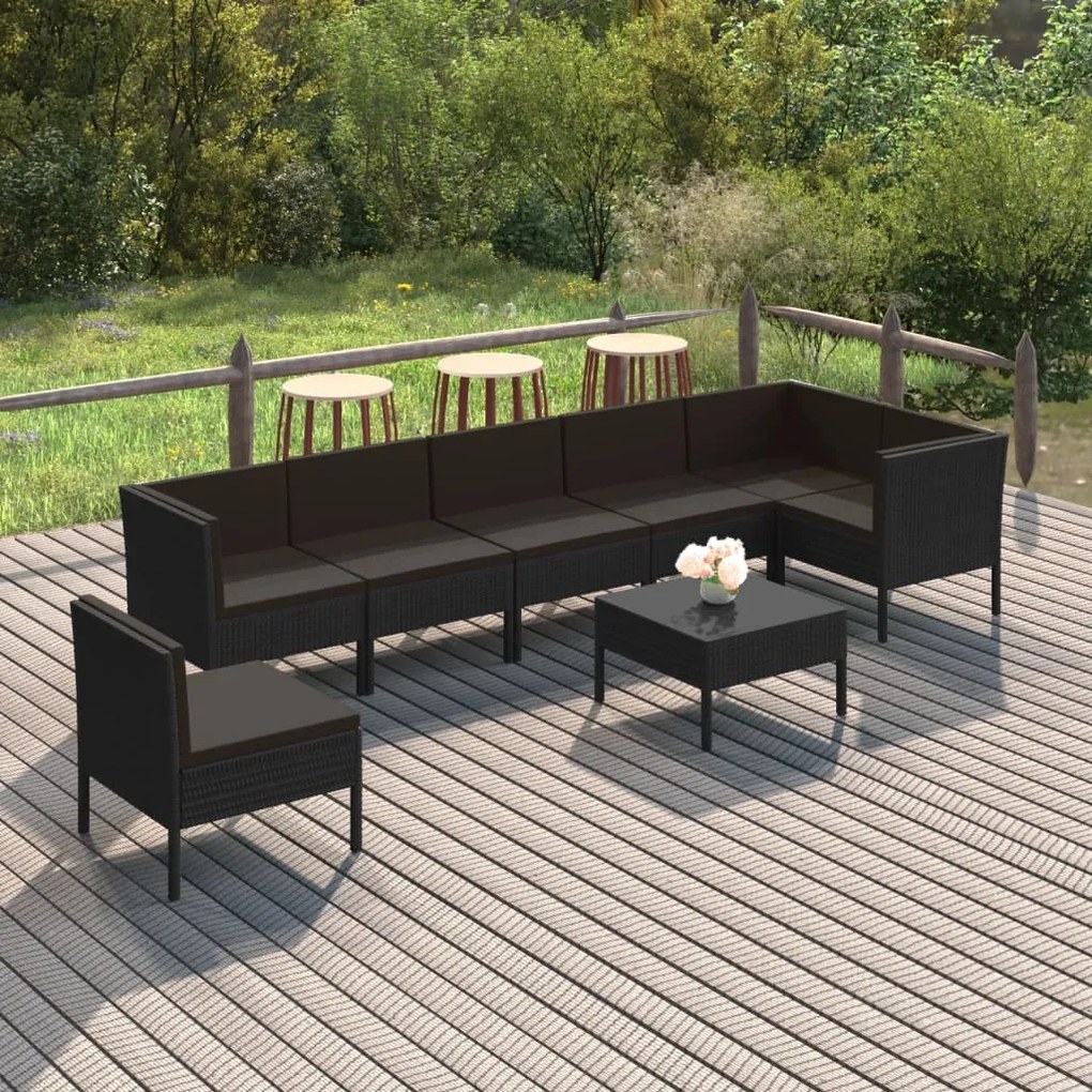 vidaXL 8 pcs conjunto lounge de jardim c/ almofadões vime PE preto