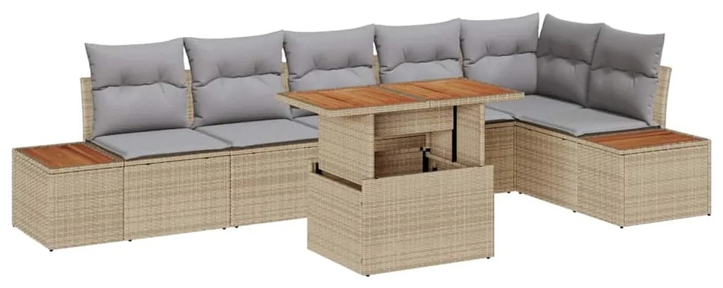 Conjunto de jantar de jardim de 7 peças com almofadas beges, rattan si