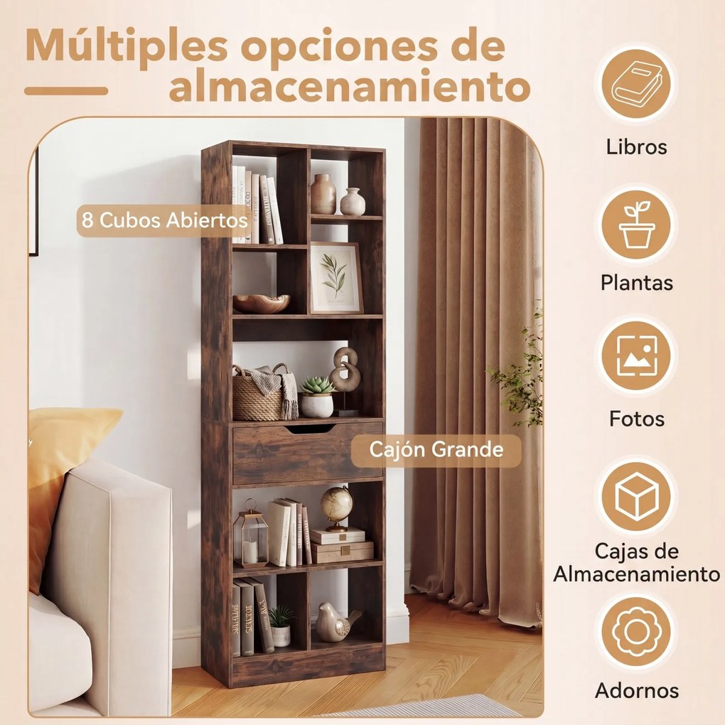 Estante Livreira Industrial, 50 x 24 x 155 cm, 8 Compartimentos e Gaveta, Castanho