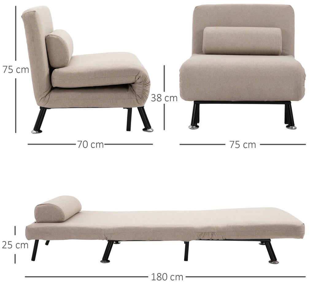 Sofá Cama Individual Dobrável Estofado em Linho com Encosto Ajustável em 5 Níveis e Almofada Acolchoada 75x70x75 cm Bege