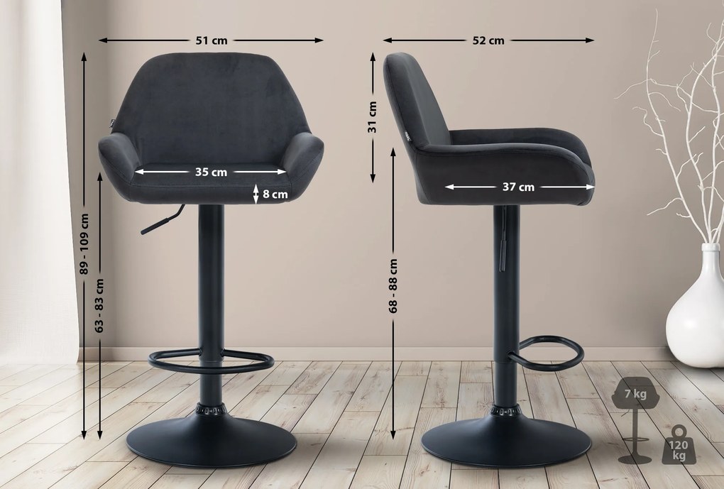 Conjunto de 2 bancos altos em veludo com estrutura preta 89-109 x 51 x 52 cm preto