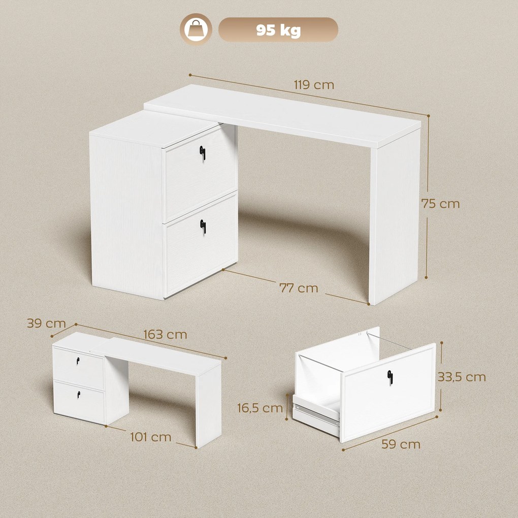 Secretária Reversível em Forma de L com 2 Gavetões Arquivadores, Design Moderno para Espaços Pequenos, Escritório Branco