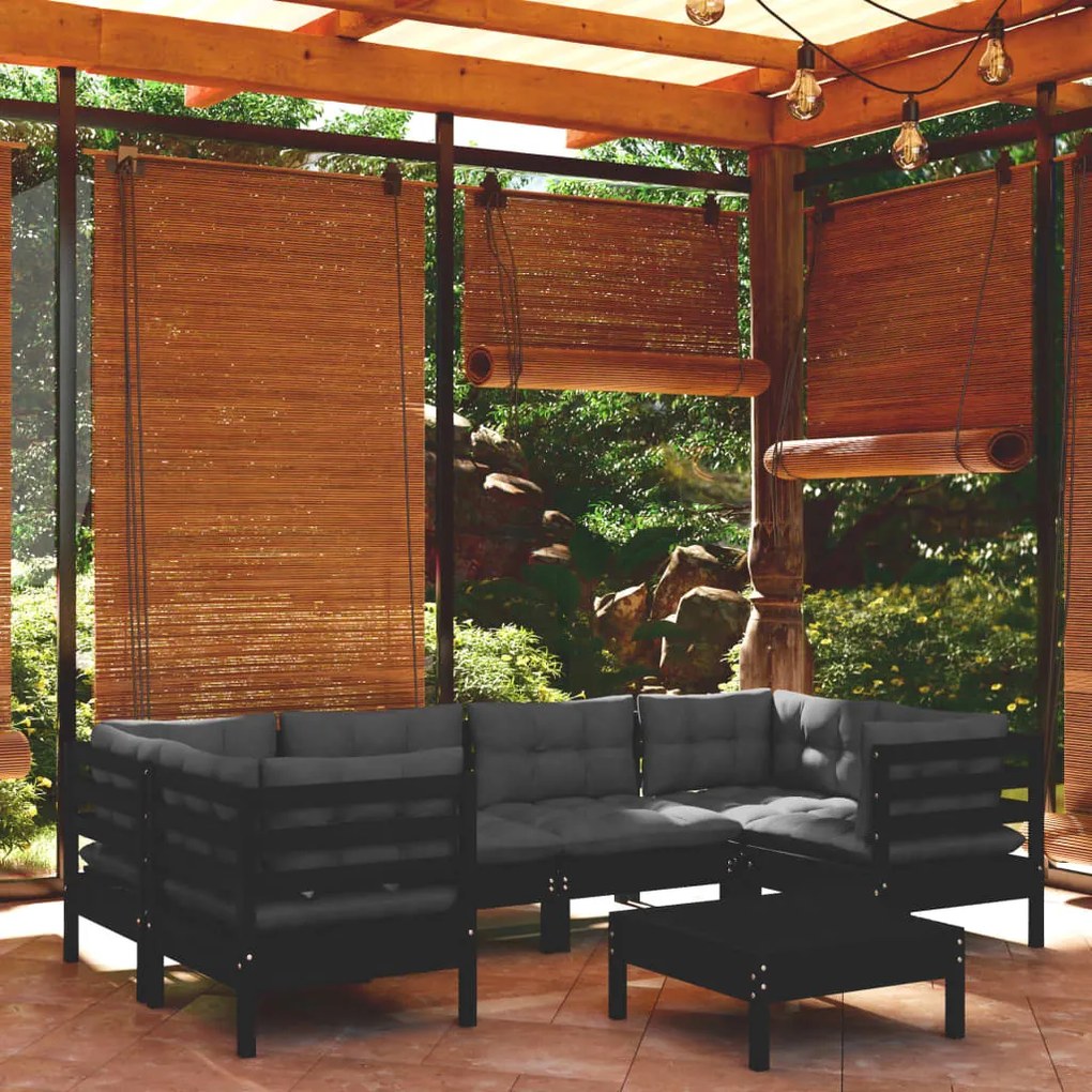 vidaXL 7 pcs conjunto lounge de jardim c/ almofadões pinho preto