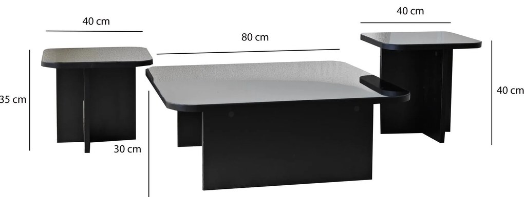 Conjunto de Mesas de Centro Jazz – Preto e Fumê – 80x30x80 cm, 40x35x4