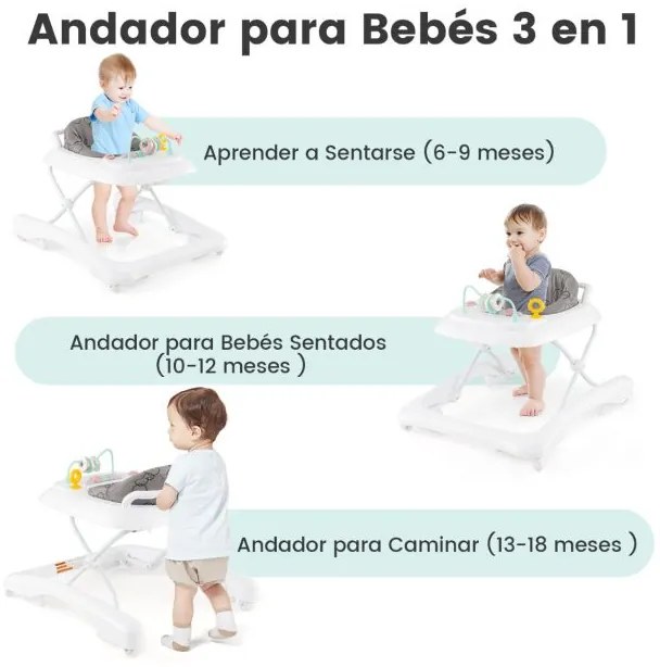 Andarilho dobrável para bebés 0-24 meses Centro de actividades com 3 alturas ajustáveis Assento almofadado Andarilho com rodas Cinzento