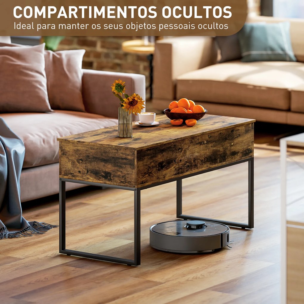 Mesa de Centro Elevatória com Bancada Deslizante Fecho Suave e Espaço Oculto de Arrumação 100x45x67 cm Castanho Rústico