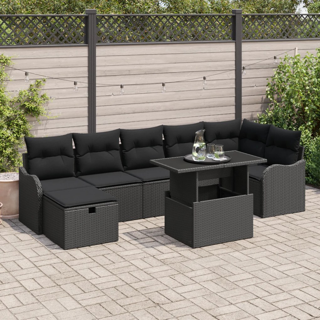 Conjunto de Sofás de Jardim vidaXL de 8 Peças com Almofadas Preto Poli