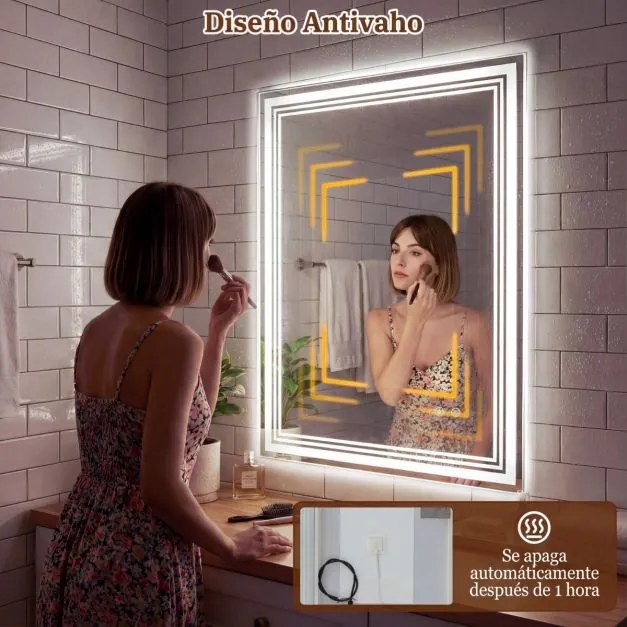 Espelho LED para casa de banho 70x50 cm antiembaciamento com memória, 3 luzes e controlo tátil prateado