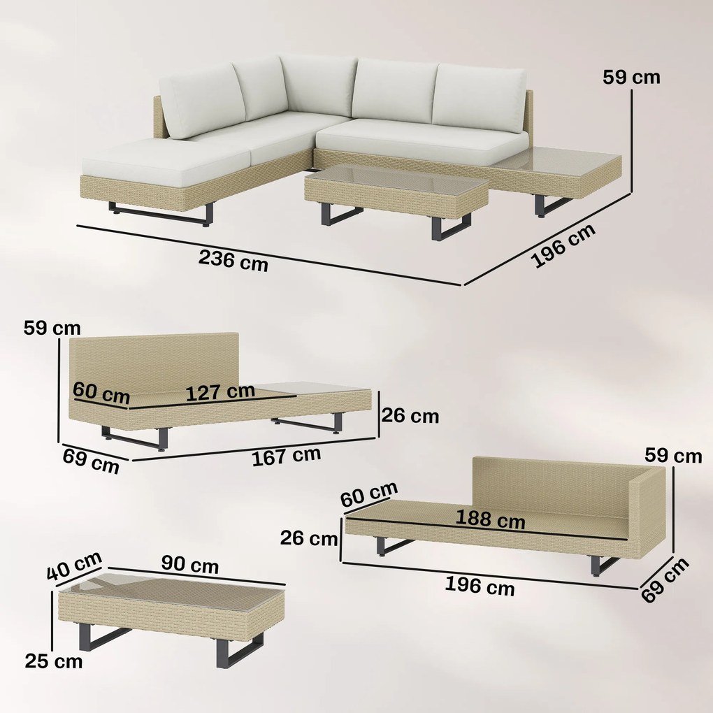 Conjunto de Jardim em Vime de 3 Peças com Sofá Modular de 3 e 2 Lugares Mesa Lateral e Mesa de Centro Bege