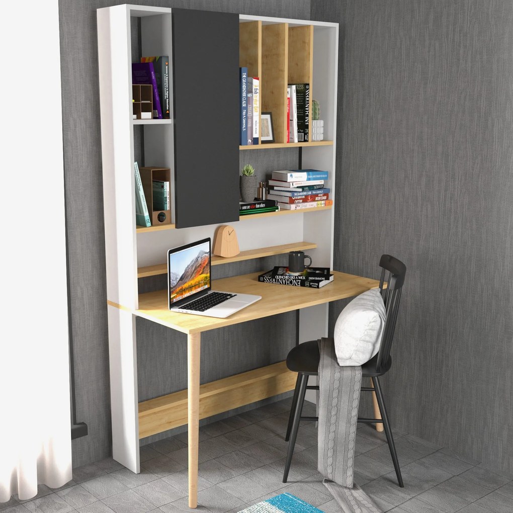 Secretária de Estudo Wood - Branca e Carvalho - 120x60x196,6 cm