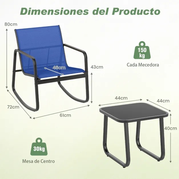 Conjunto de 3 peças baloiço para jardim, 2 cadeiras de bistrô e mesa baixa de vidro com tecido de malha respirável e faixa antiderrapante Azul