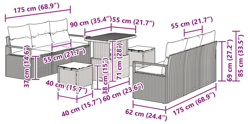 Conjunto de Sofá de Jardim vidaXL de 9 Peças com Almofadas Cinza Ratta