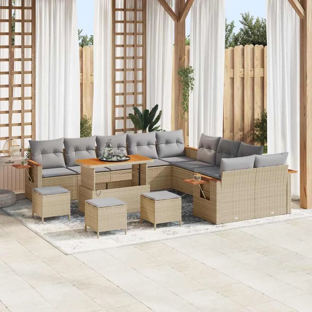 Conjunto de Sofá de Jardim vidaXL com 14 Peças e Almofadas Bege Rattan